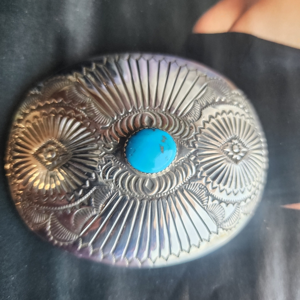 Sterling Silver and Turquoise Southwestern Belt Buckle (Heavy & Solid)